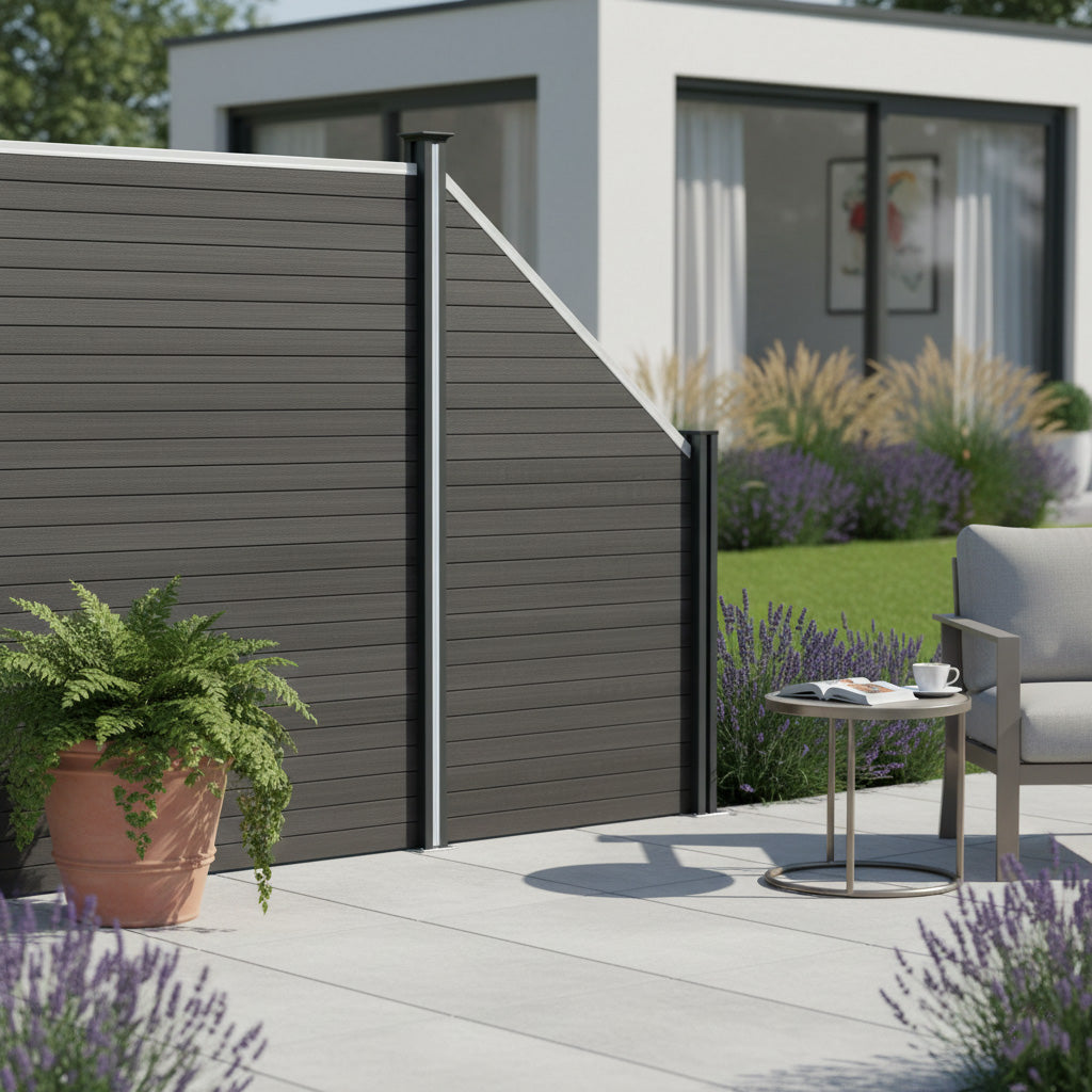 Grey composite angled fence panel with sleek lines, textured surface, and modern design, enhancing outdoor space aesthetics