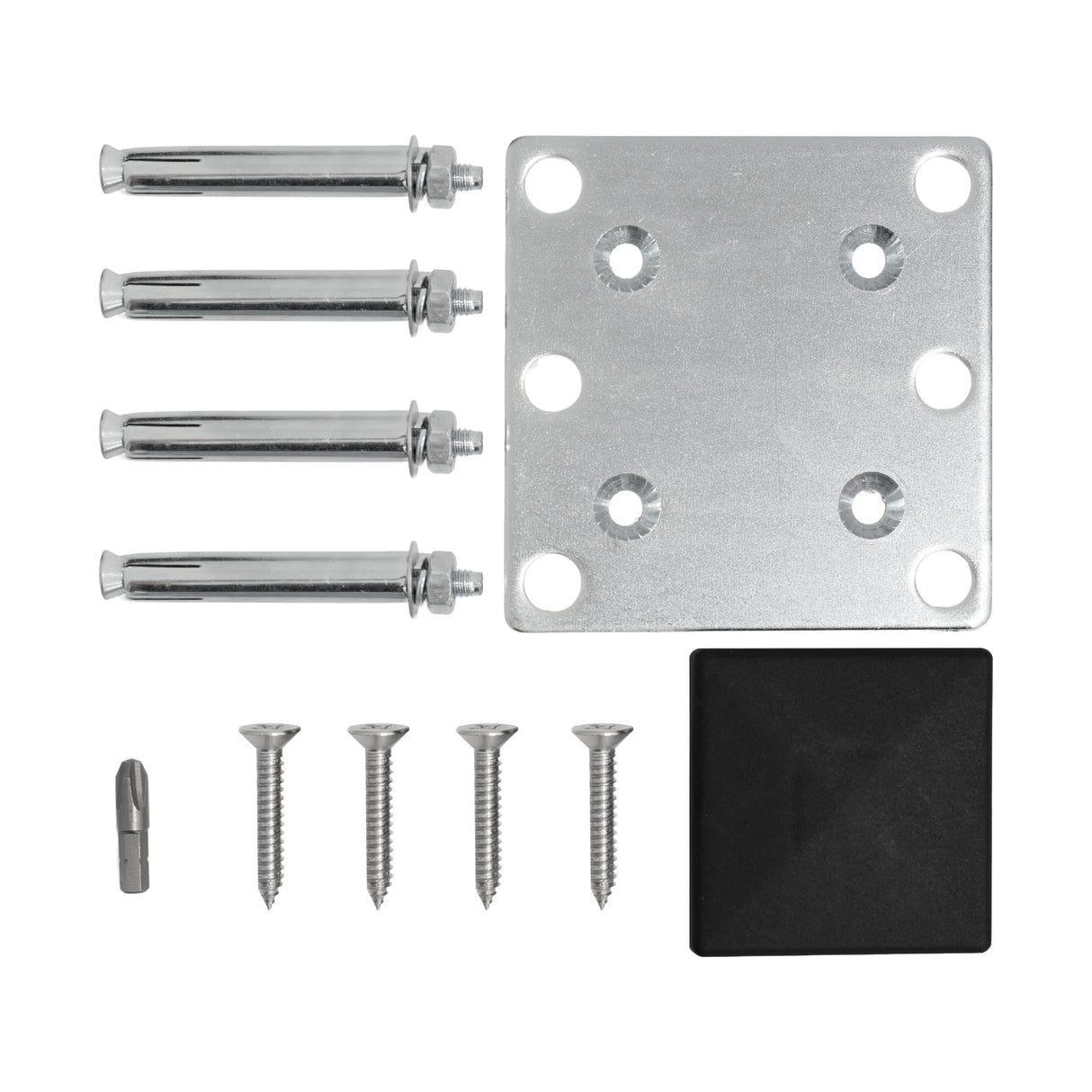 Grey composite angled fence panel with a smooth finish, featuring sturdy metal brackets, screws, and a black rubber cap for secure installation
