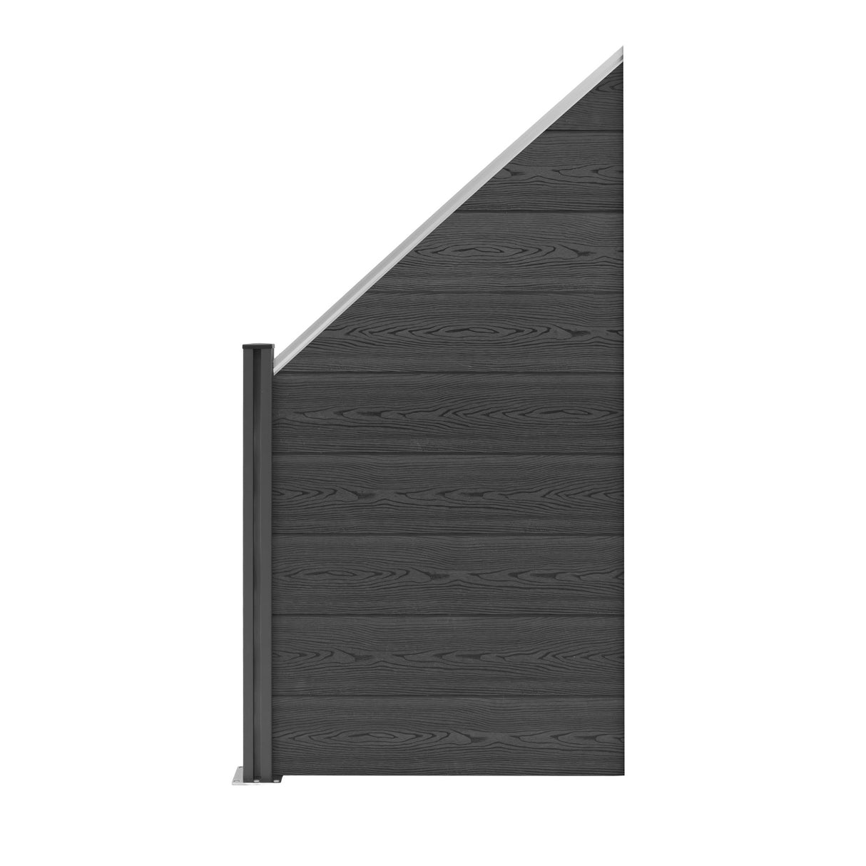 Grey composite angled fence panel featuring a sleek design, textured wood grain finish, and sturdy metal post for durability