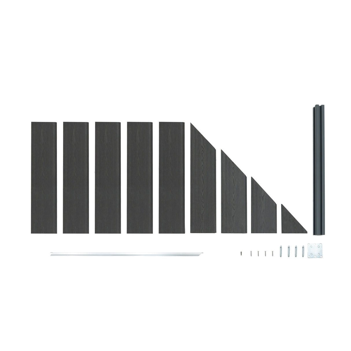 Grey composite angled fence panel components arranged neatly, showcasing textured planks, metal posts, and installation hardware