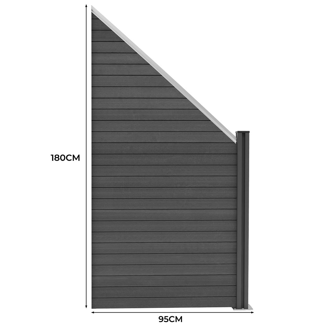 Grey composite angled fence panel with a sleek design, featuring vertical slats and a modern finish, measuring 180cm by 95cm