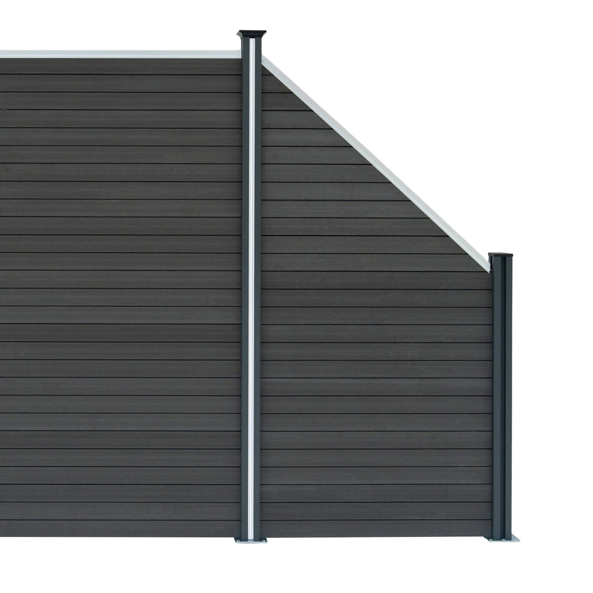 Grey composite angled fence panel featuring sleek horizontal slats and sturdy metal posts, ideal for modern outdoor spaces