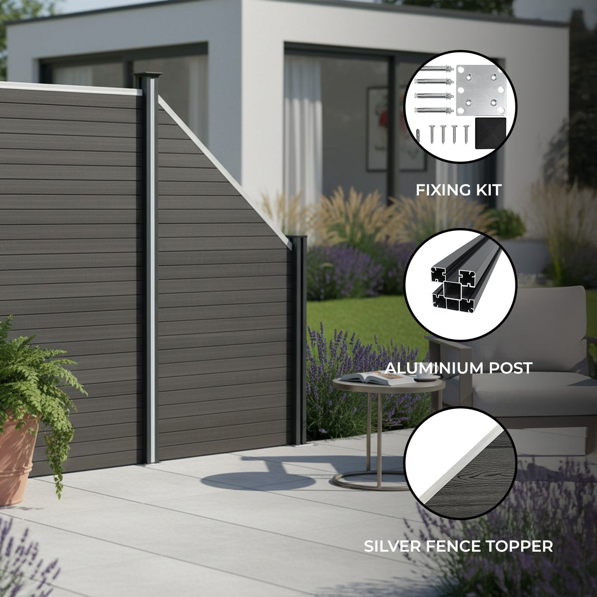 Grey composite angled fence panel with a sleek design, featuring a silver fence topper and aluminum post, surrounded by greenery