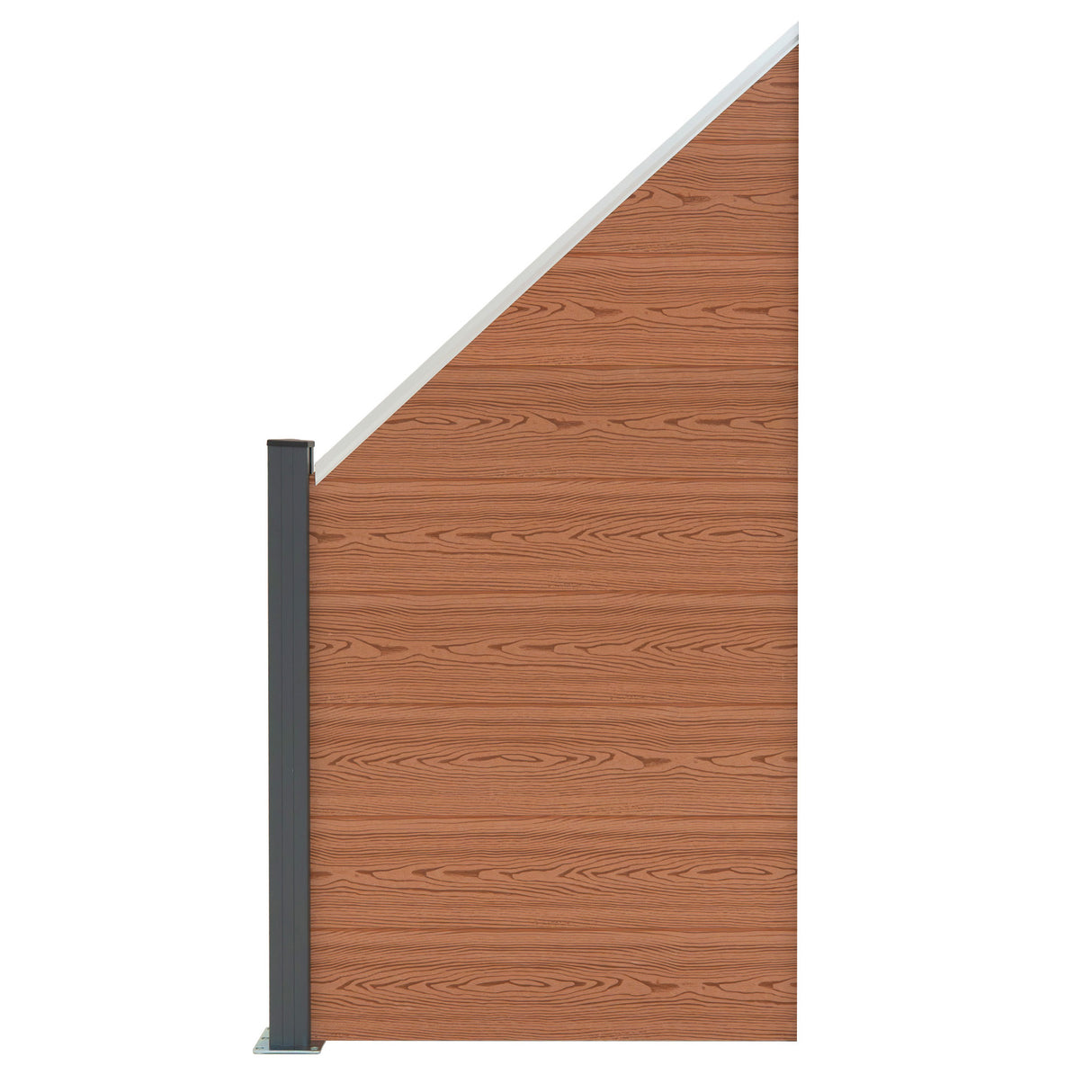 Brown composite angled fence panel featuring a wood-like texture and sleek gray metal post for durability and modern appeal