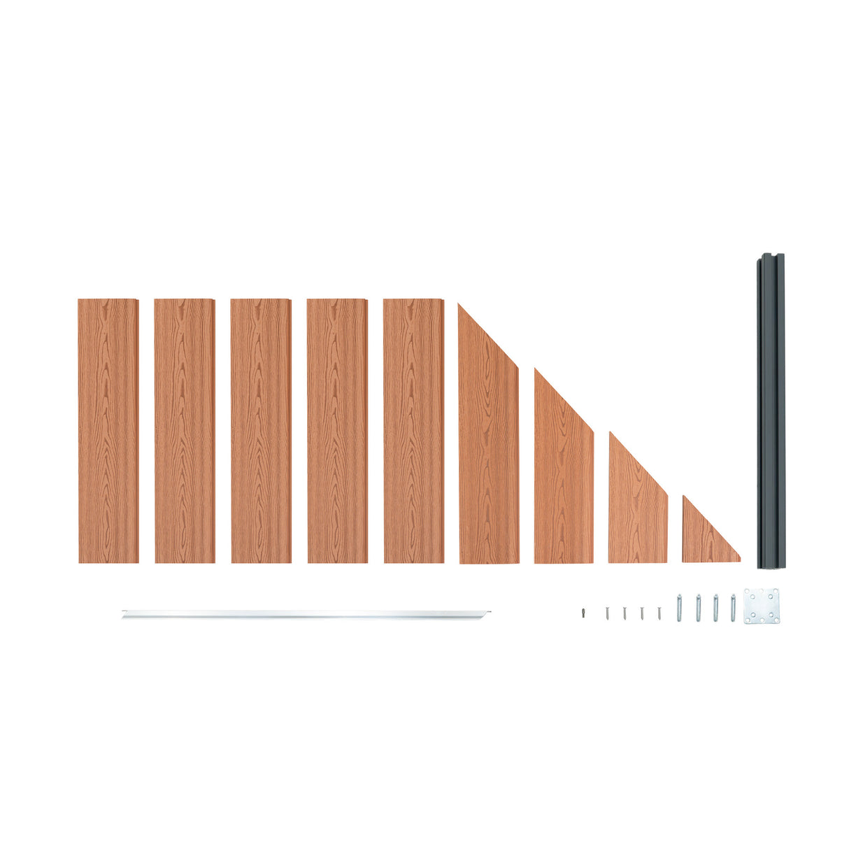 Brown composite angled fence panel set featuring textured wood-like slats, metal posts, and assembly hardware for easy installation