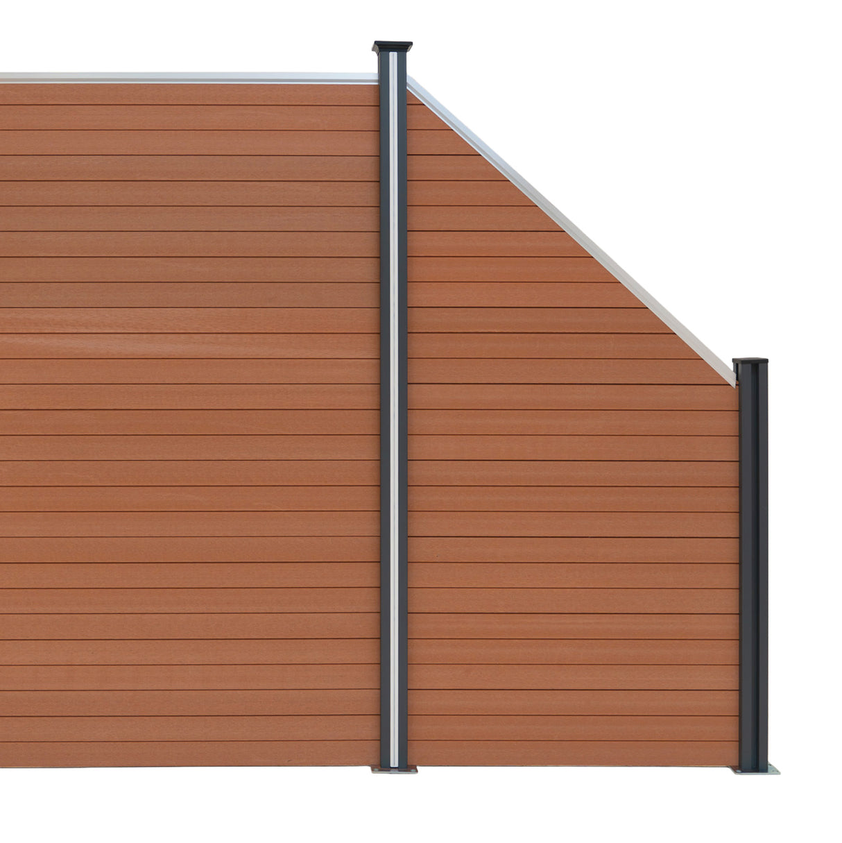 Brown composite angled fence panel featuring horizontal slats and sleek black metal posts, ideal for modern outdoor spaces