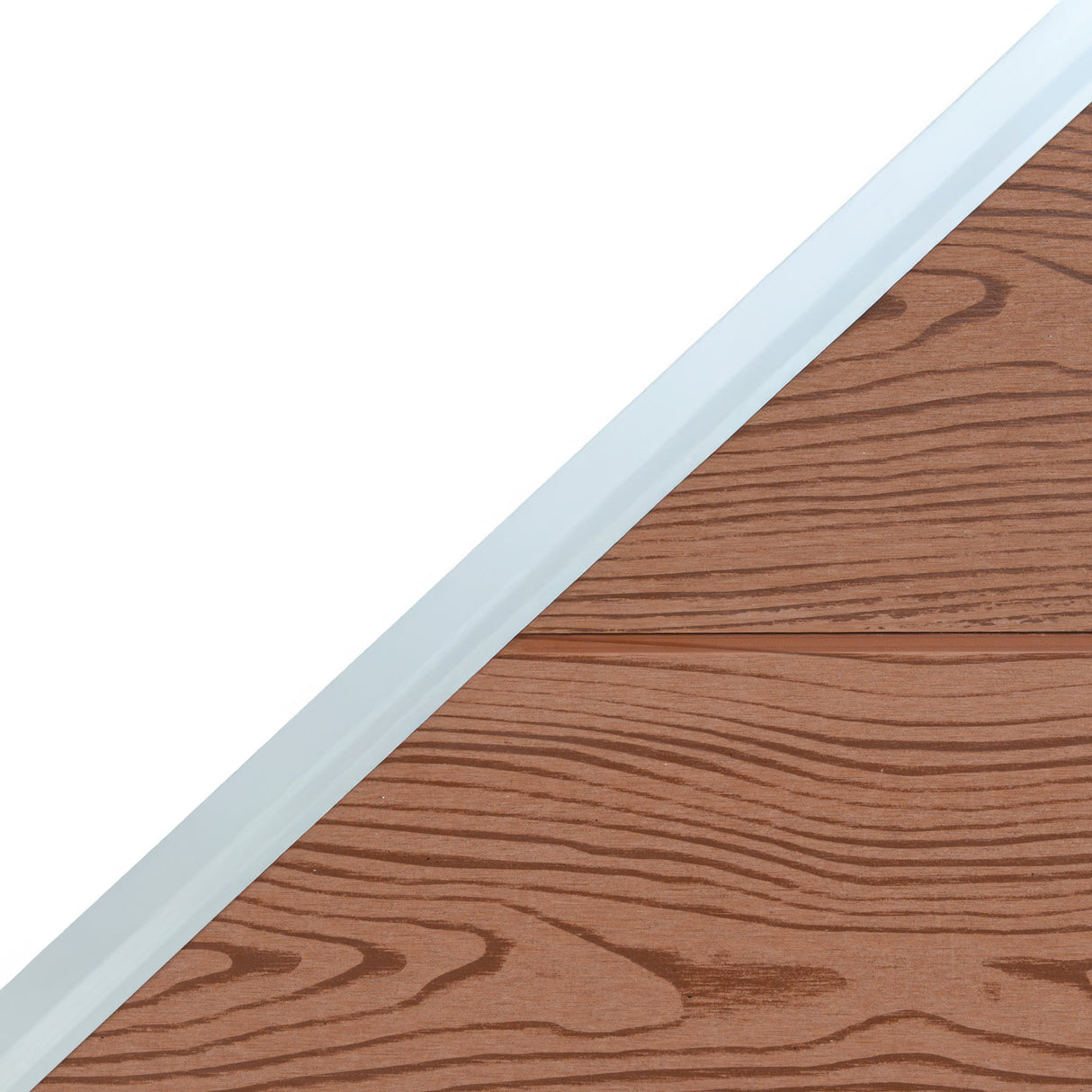 Brown composite angled fence panel featuring a wood grain texture, smooth edges, and a clean white trim for a modern look