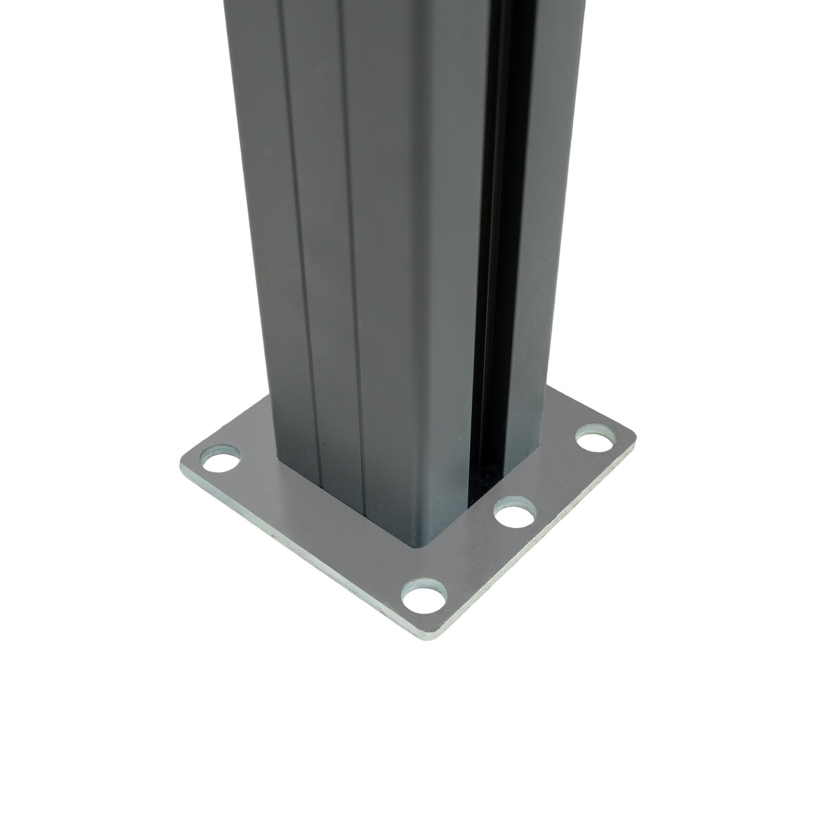 Brown composite angled fence panel with a textured surface, featuring a sturdy gray metal base and four mounting holes for secure installation