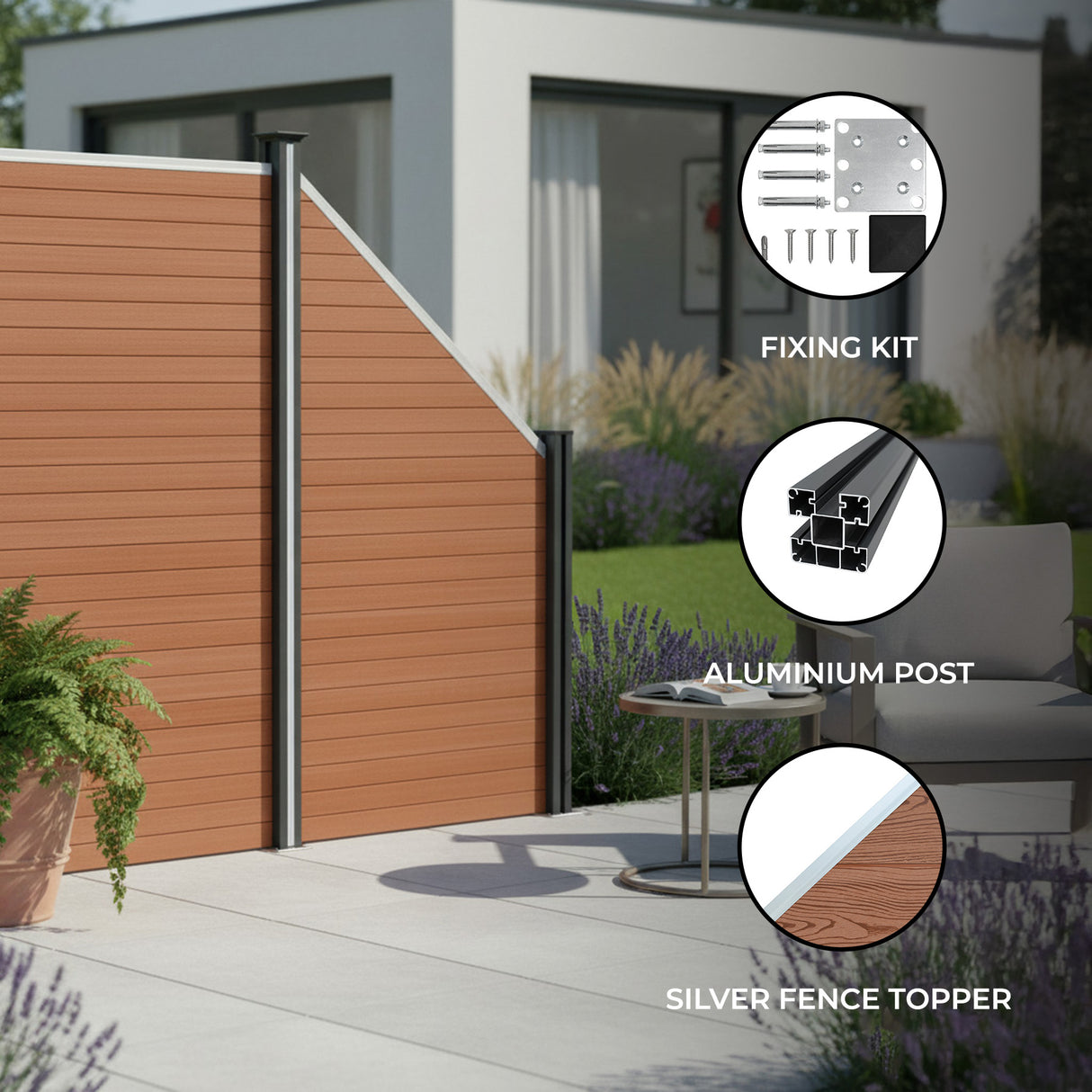 Brown composite angled fence panel with a sleek design, aluminum posts, and a silver fence topper, set in a landscaped outdoor area