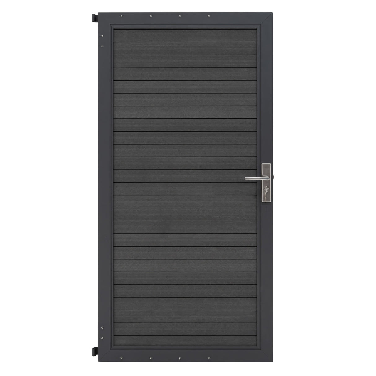 Grey composite panel gate featuring a sleek, modern design with horizontal slats and a stainless steel handle for durability