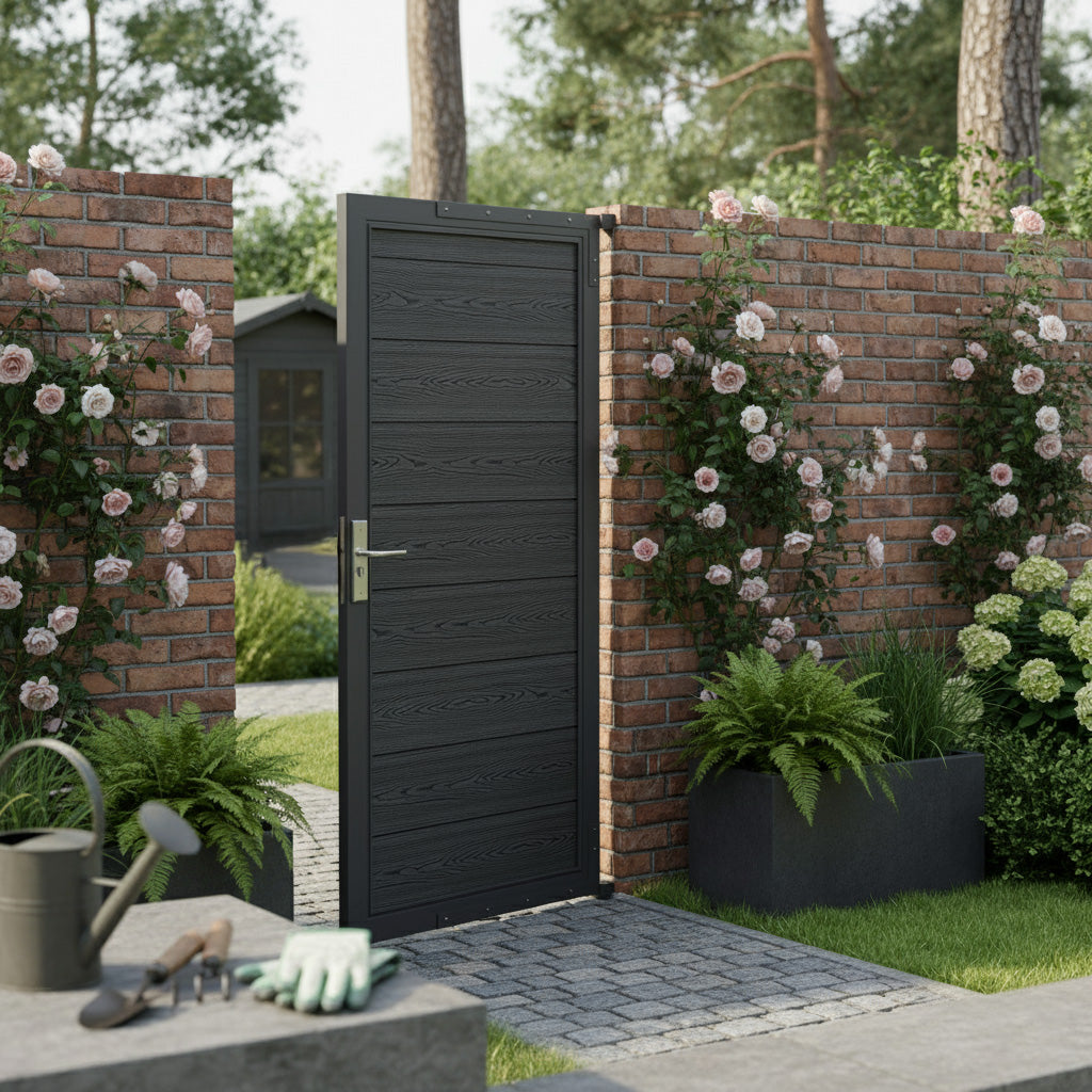 Grey composite panel gate with a textured wood finish, framed by a brick wall adorned with climbing roses and lush greenery