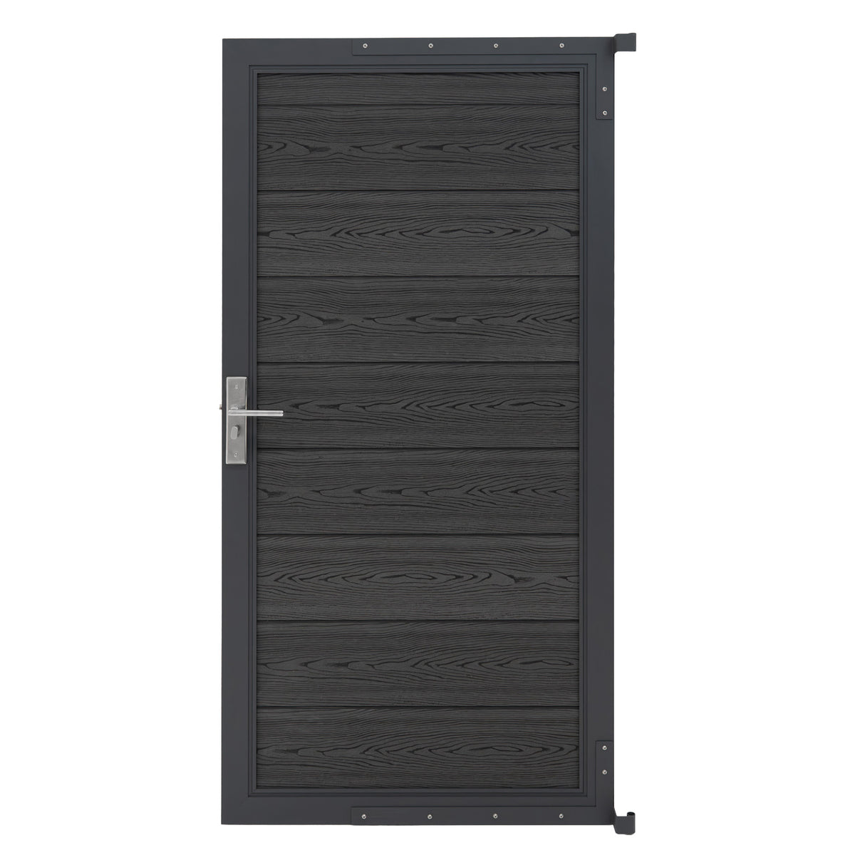 Grey composite panel gate featuring a wood-like texture, sleek metal frame, and modern handle design, ideal for outdoor spaces