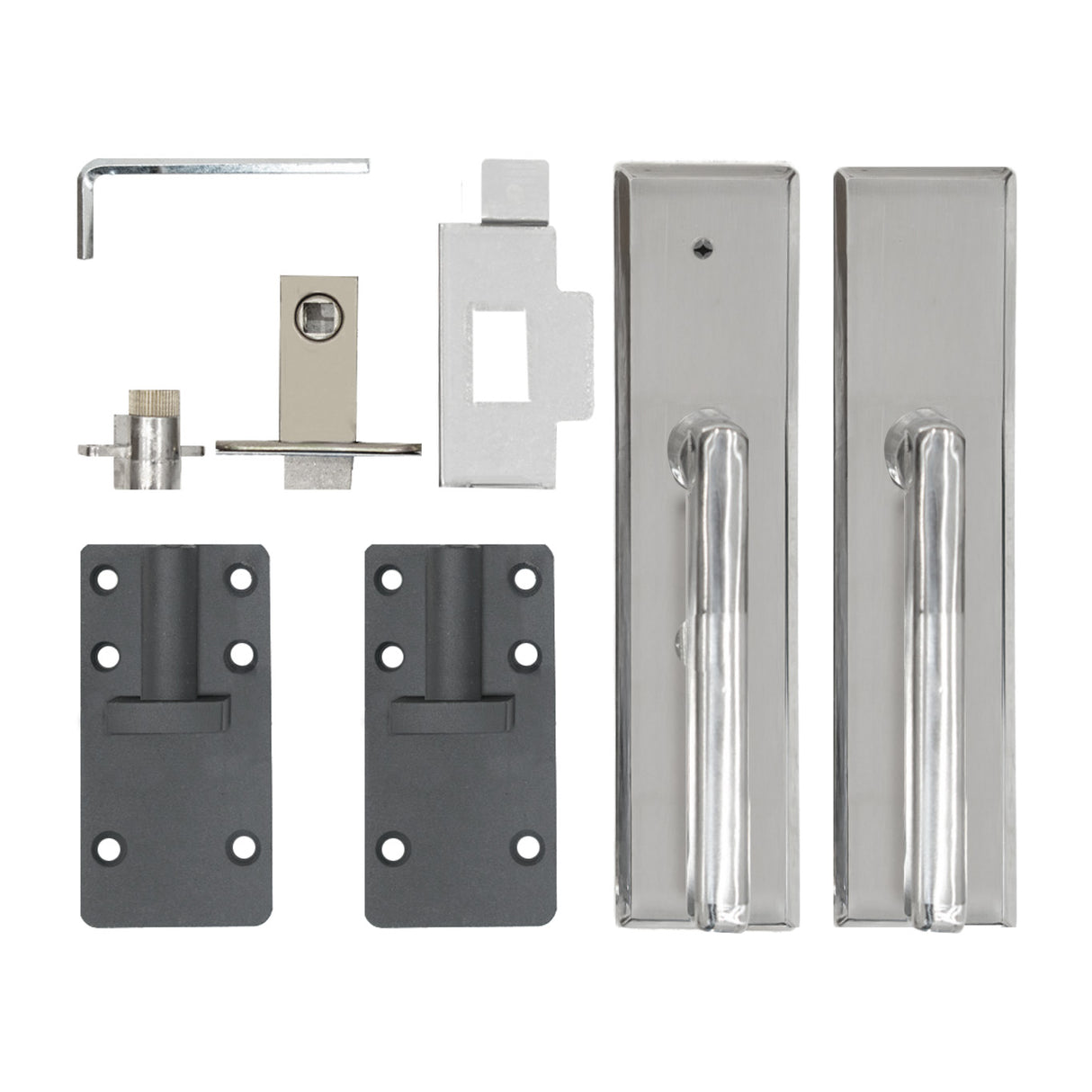 Grey composite panel gate hardware set featuring sleek stainless steel handles, hinges, and locking mechanism for durability and style