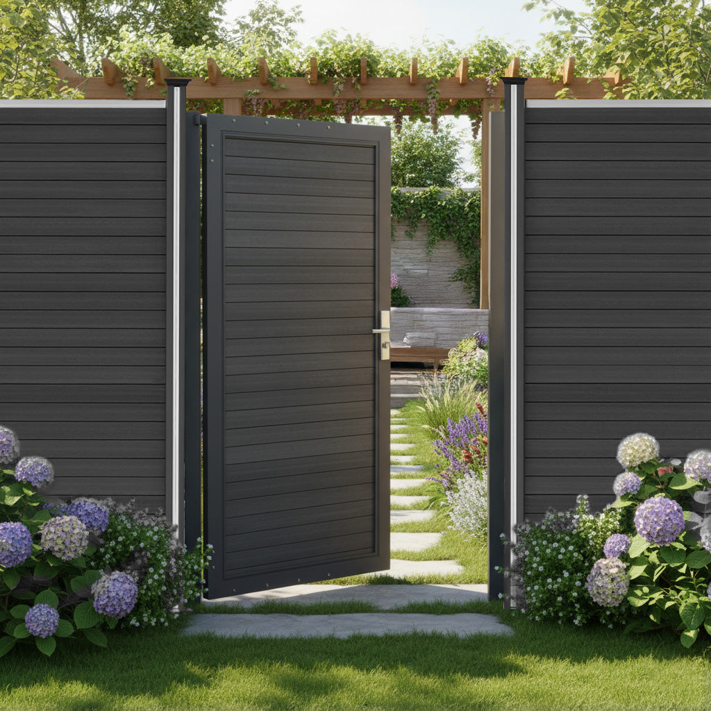 Grey composite panel gate with sleek lines, surrounded by lush greenery and colorful flowers, leading to a serene garden pathway
