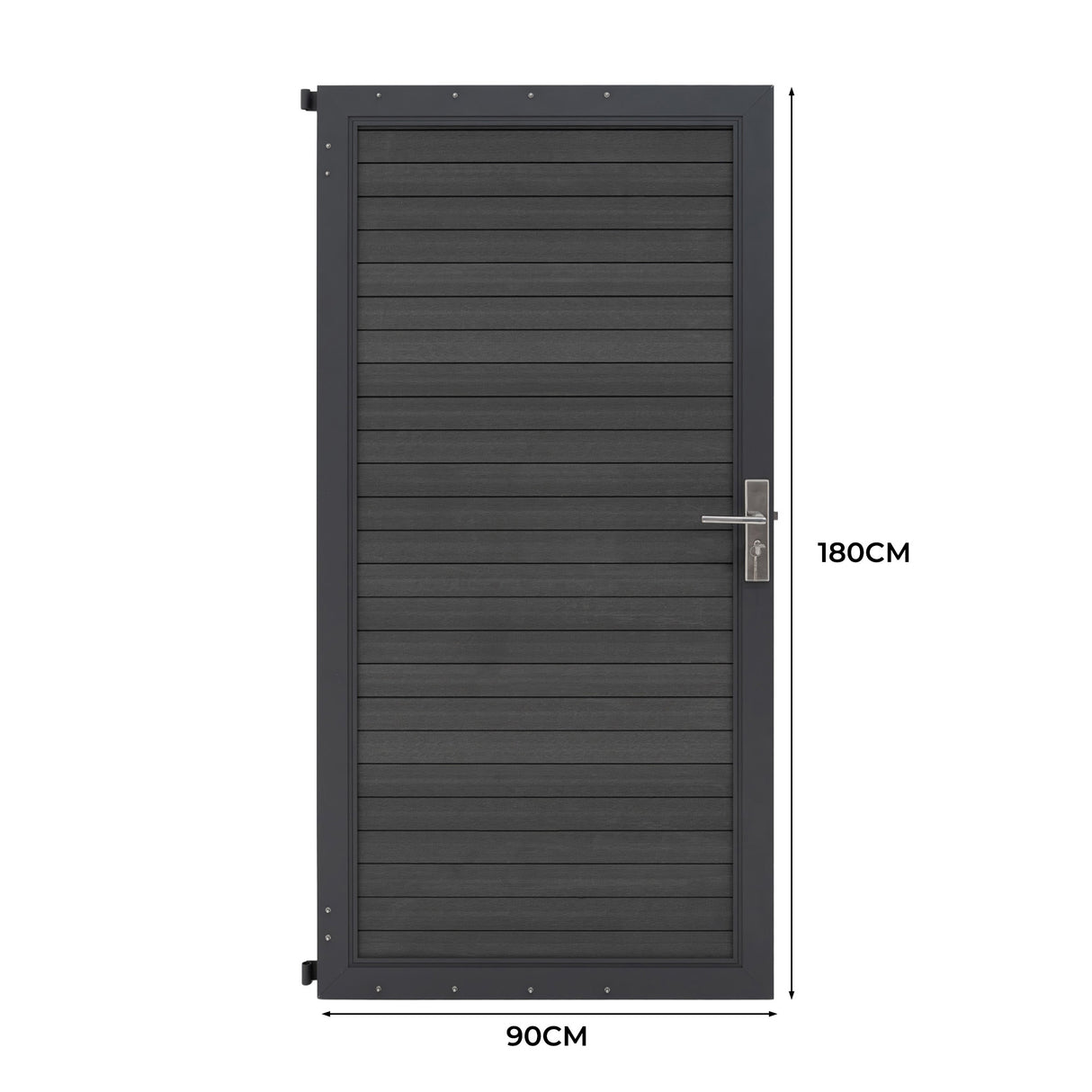 Grey composite panel gate featuring a sleek, modern design with horizontal slats and a sturdy metal handle, measuring 90cm by 180cm