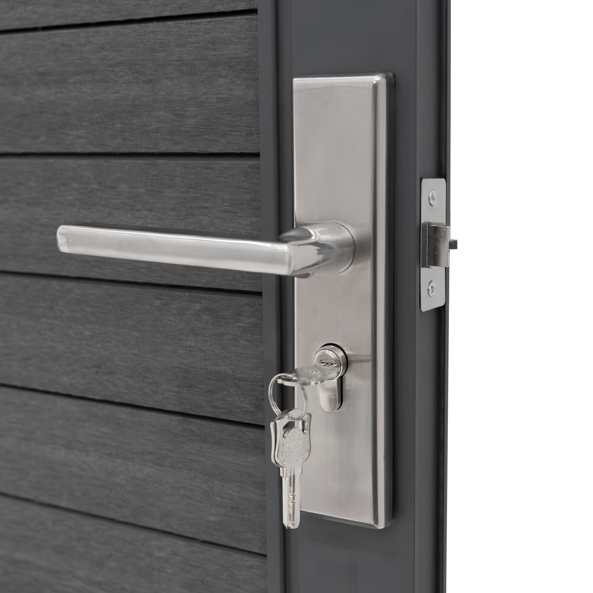 Grey composite panel gate featuring a sleek stainless steel handle and lock, with a textured surface and modern design