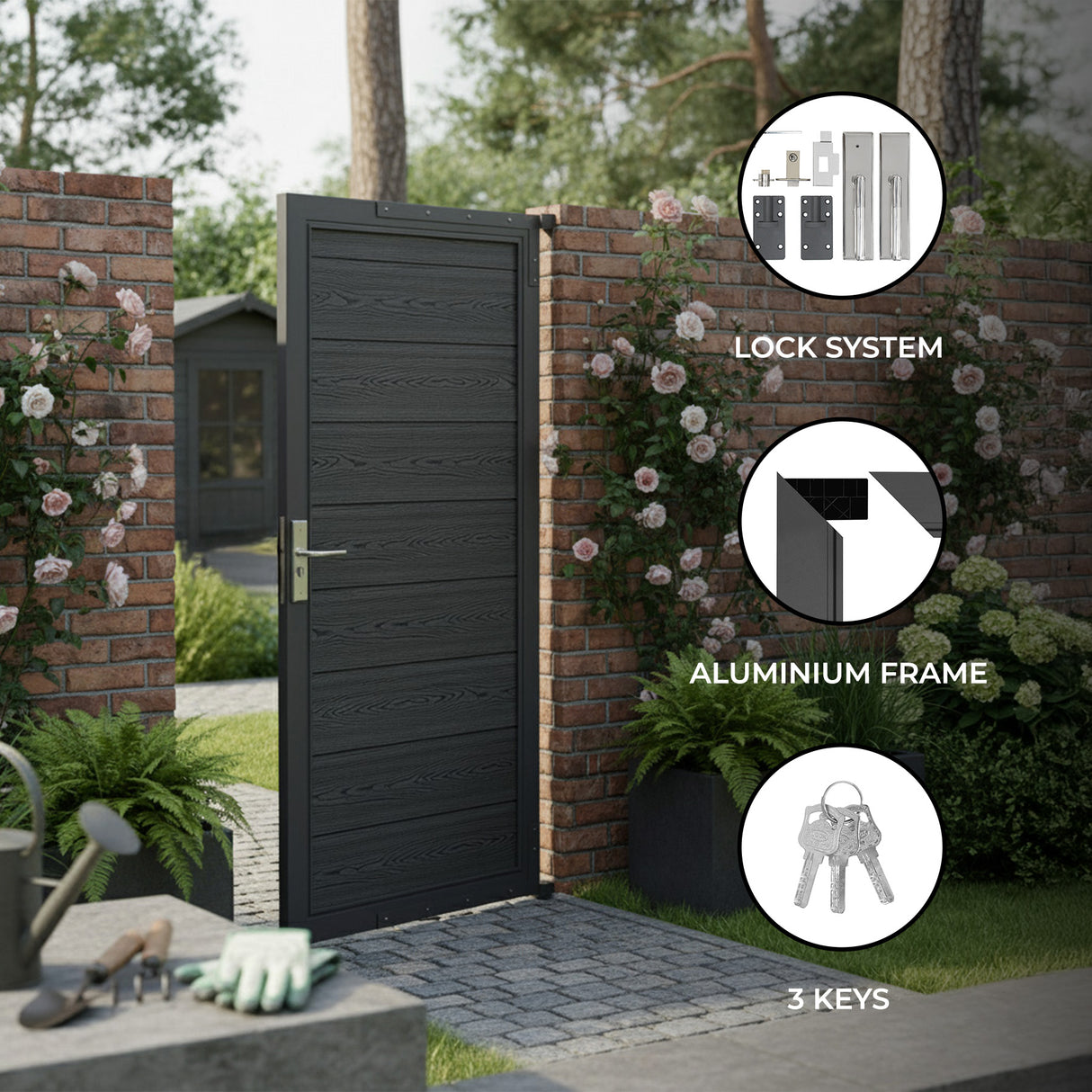 Grey composite panel gate with a sleek aluminum frame, featuring a secure lock system, surrounded by a brick wall and greenery