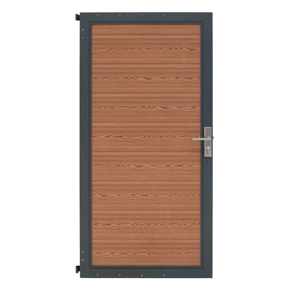 Brown composite panel gate featuring a wood-like texture, sleek metal frame, and modern handle design for secure access