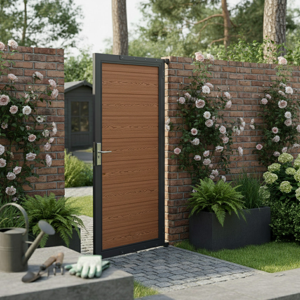 Brown composite panel gate with a wood-like texture, framed in black, set against a brick wall adorned with climbing roses and greenery