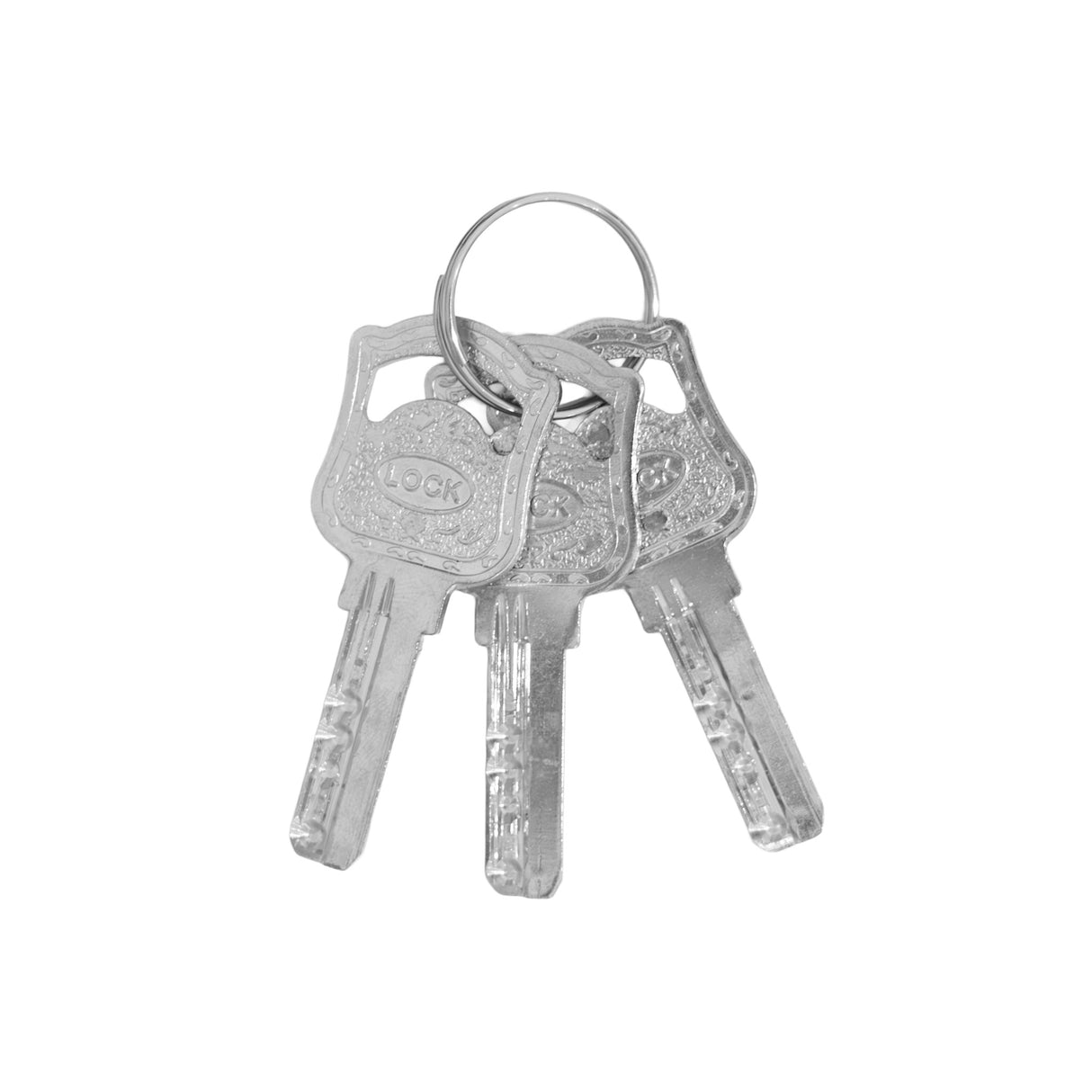 Three silver keys on a metal ring, featuring intricate designs and a shiny finish, ideal for securing doors and gates