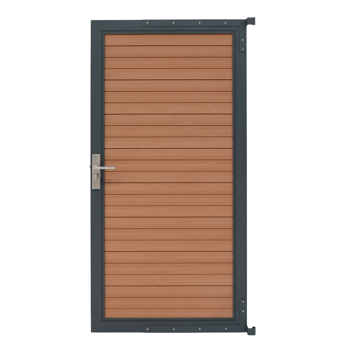 Brown composite panel gate with horizontal slats, framed in dark metal, featuring a sleek handle and modern design
