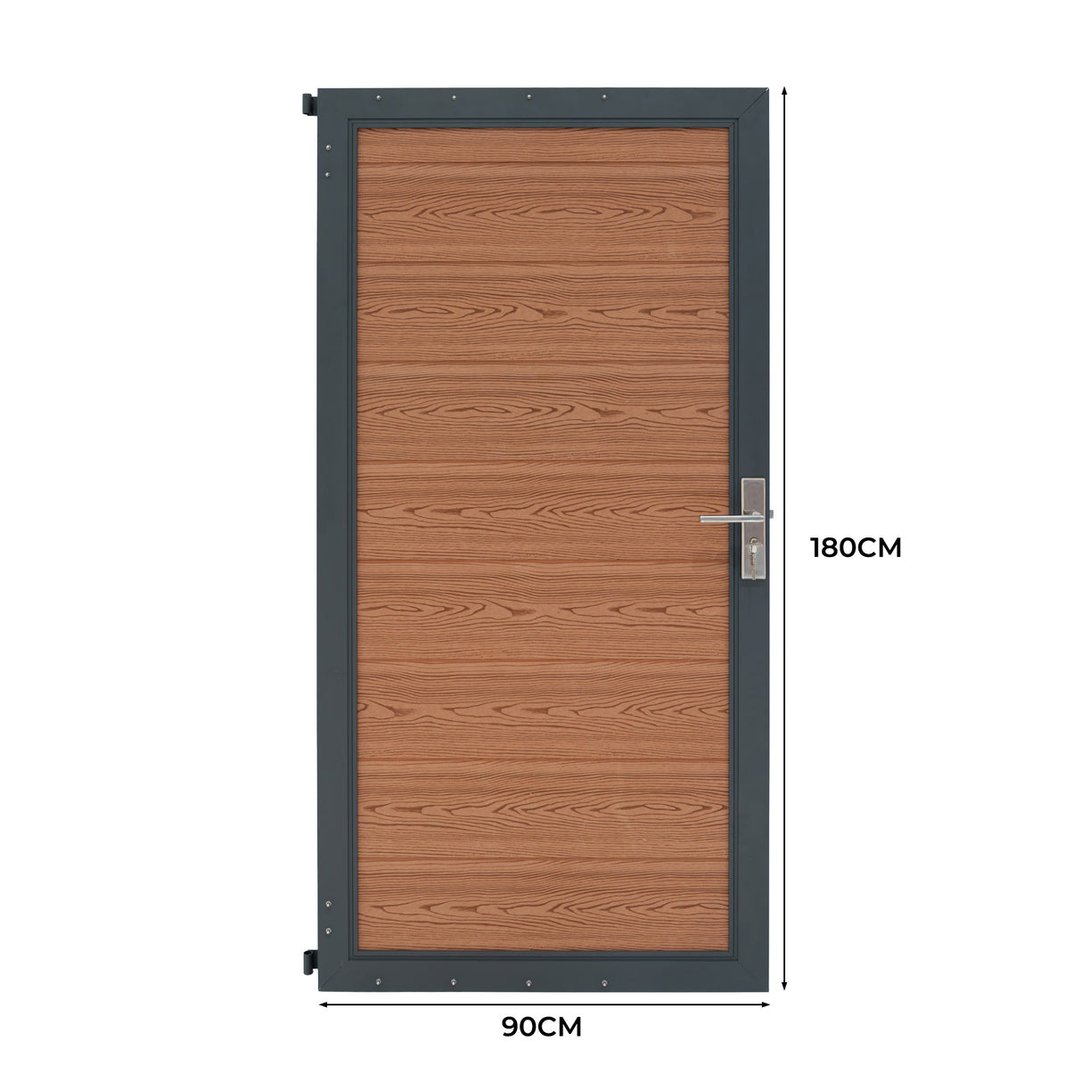 Brown composite panel gate featuring a sleek design with wood grain texture, framed in a dark border, measuring 90cm by 180cm