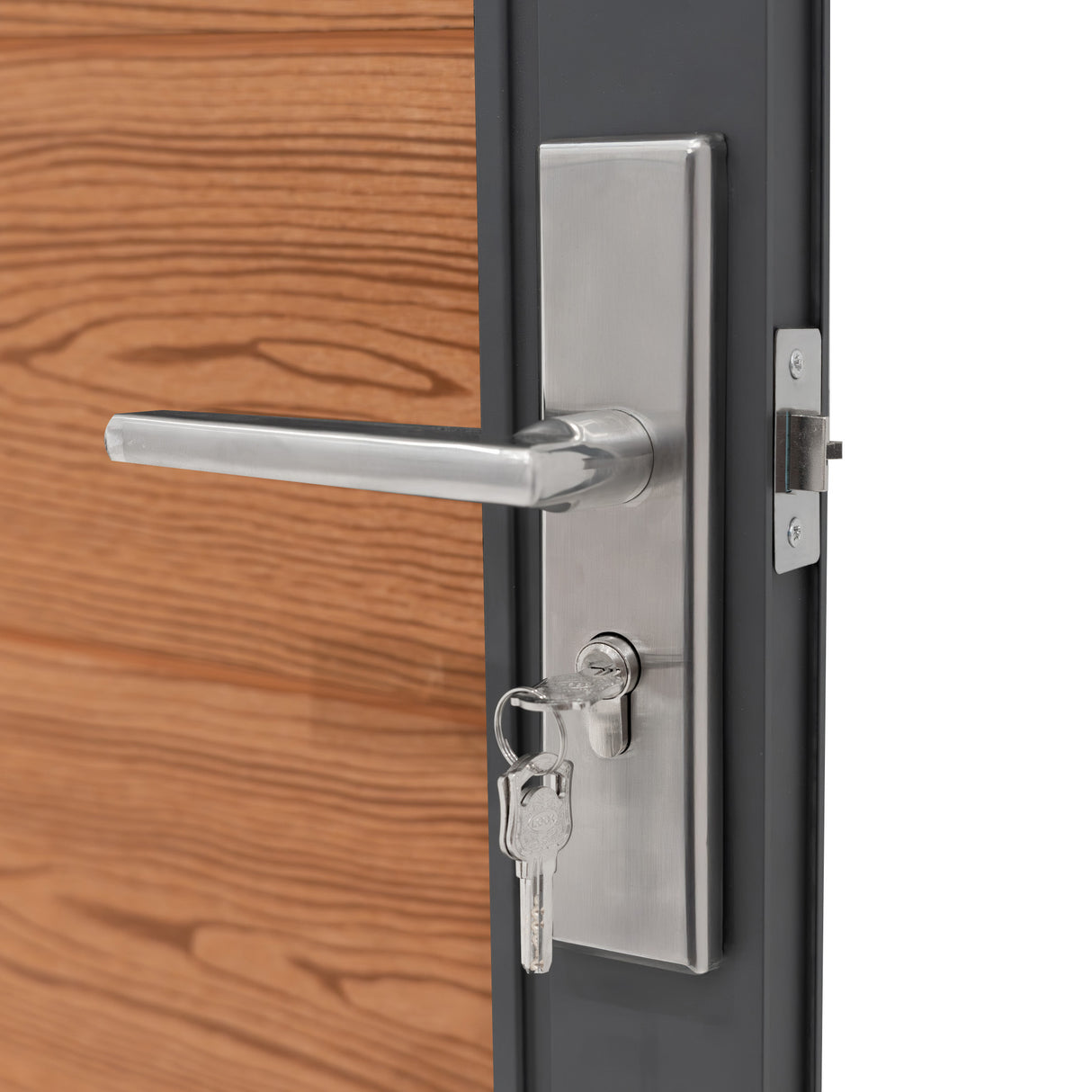Brown composite panel gate featuring a sleek stainless steel handle and key lock, showcasing a wood-like texture and modern design