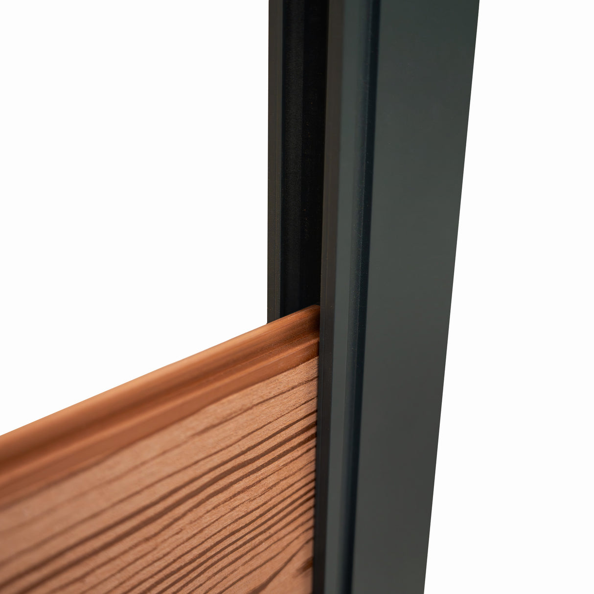 Brown composite panel gate featuring a sleek design with wood-like texture, framed in a sturdy black metal structure