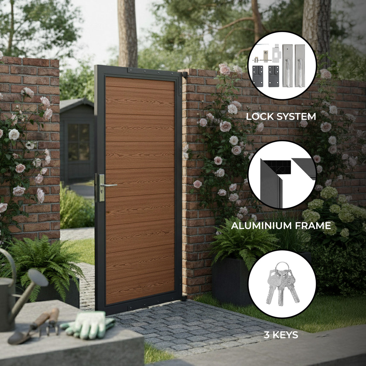 Brown composite panel gate with a sleek aluminum frame, surrounded by lush greenery and brick wall, featuring a secure lock system