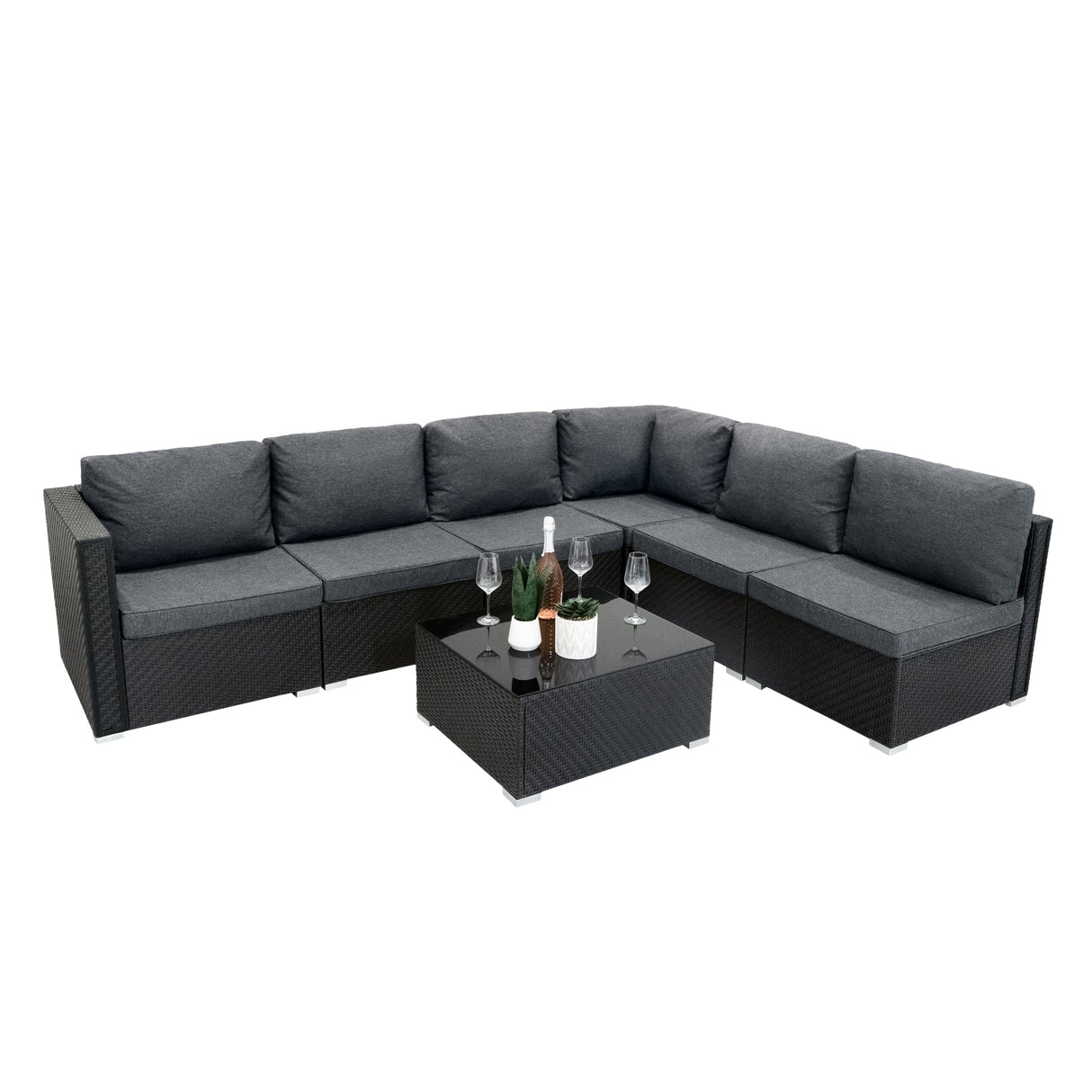 Rattan Modular 7 Piece Furniture Set - Black