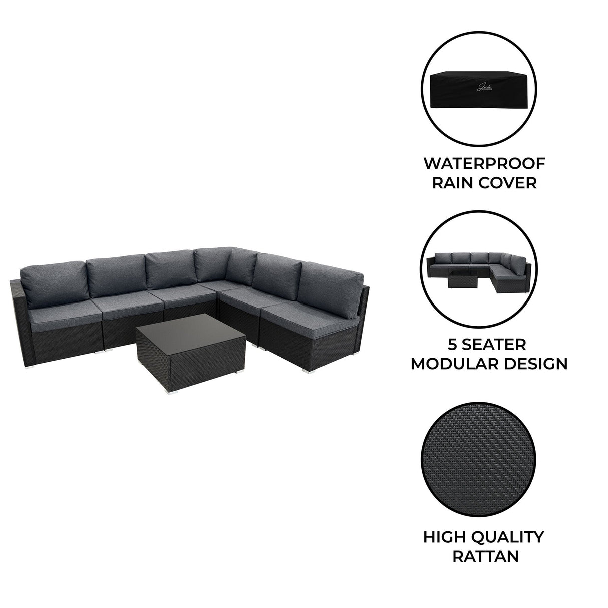 Rattan Modular 7 Piece Furniture Set - Black