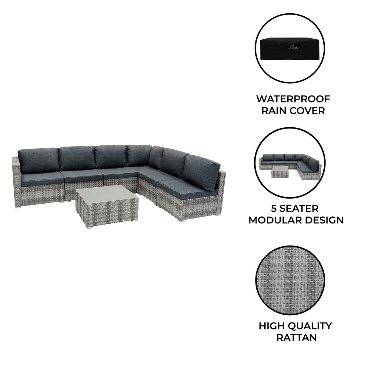 Rattan Modular 7 Piece Furniture Set - Grey