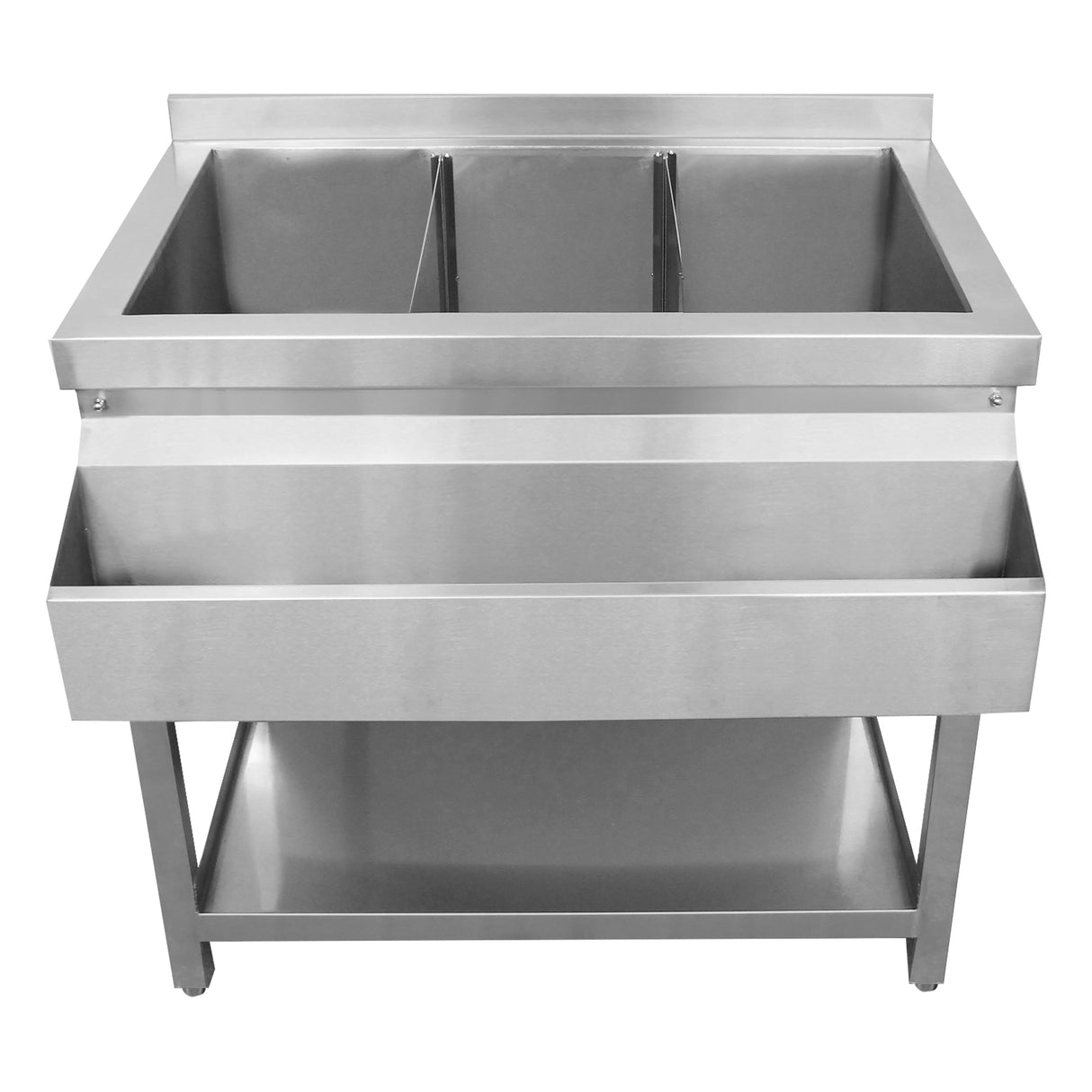 Sleek stainless steel modular cocktail bar station featuring two ice wells and a spacious storage drawer for efficient bartending
