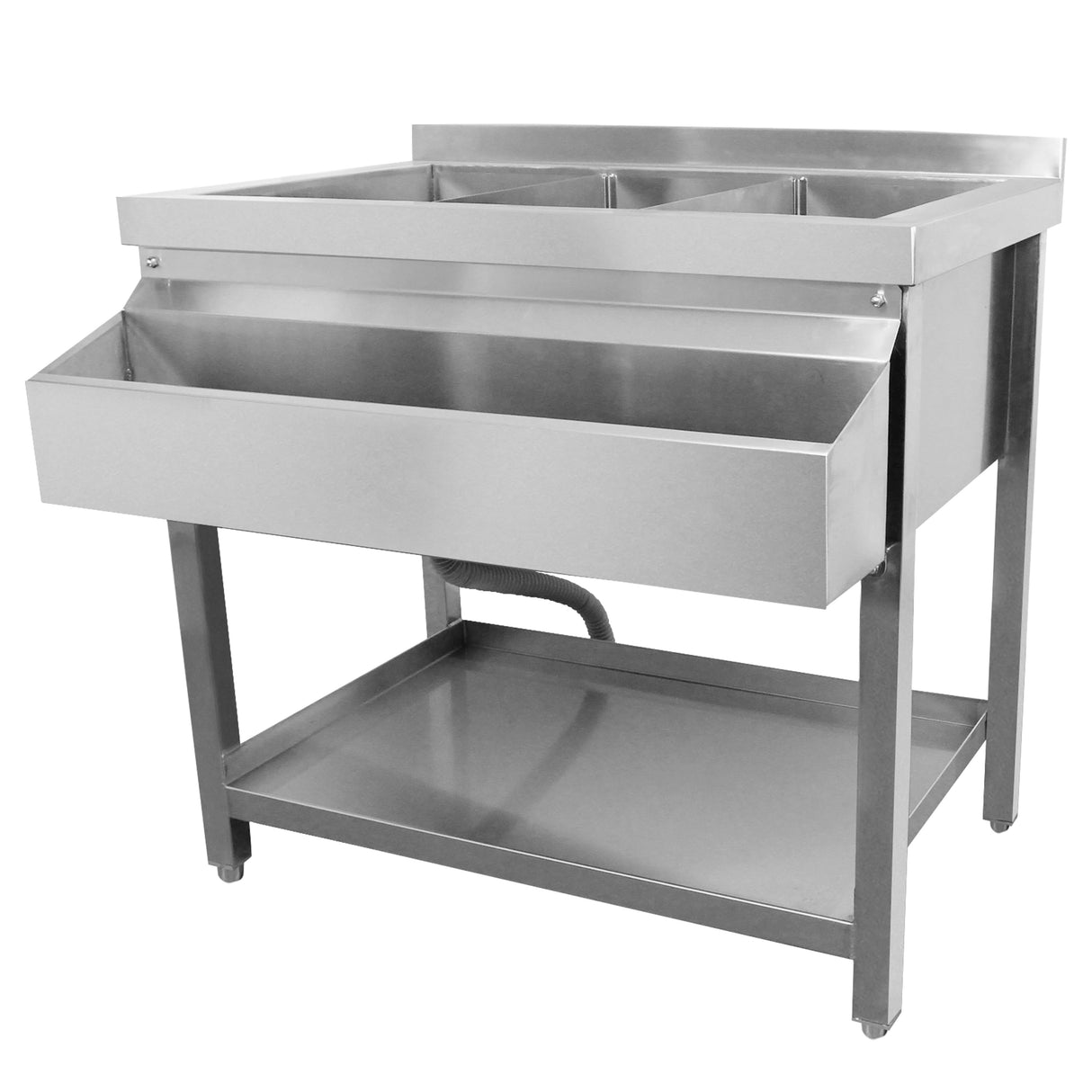 Sleek stainless steel modular cocktail bar station featuring an ice well, spacious storage, and a sturdy open shelf design