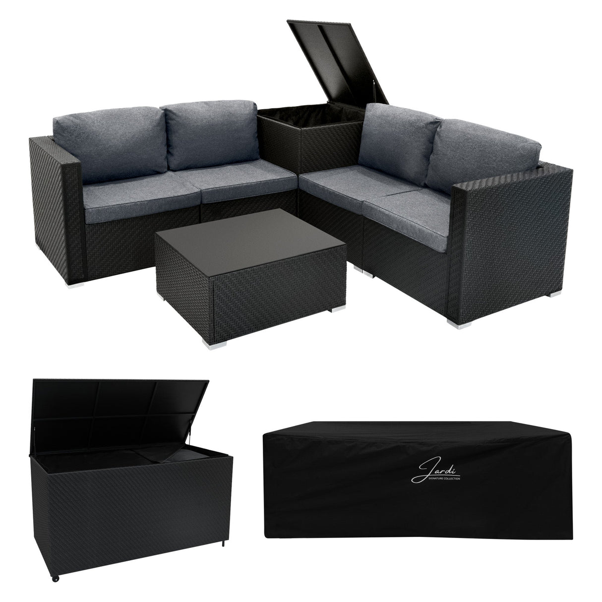 Rattan Modular 6 Piece Furniture Set & 700L Storage Box – Black