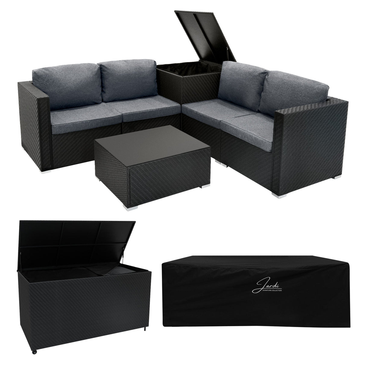 Rattan Modular 6 Piece Furniture Set & 996L Storage Box – Black