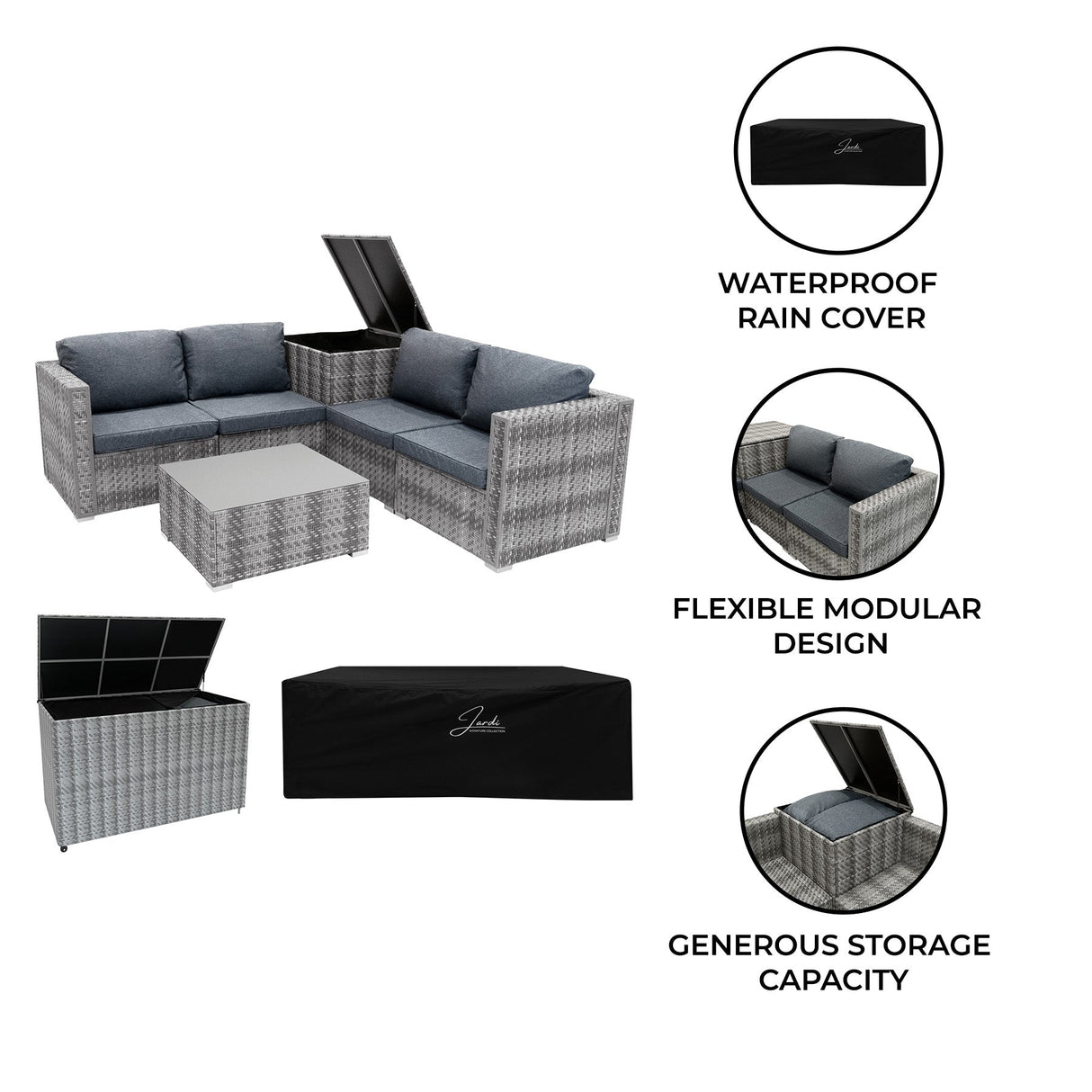Rattan Modular 6 Piece Furniture Set & 700L Storage Box – Grey