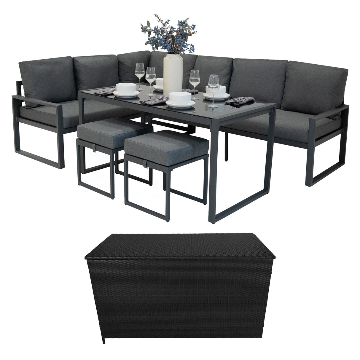 Aluminium Corner Sofa Set With Black Rattan Storage Box - Anthracite Grey