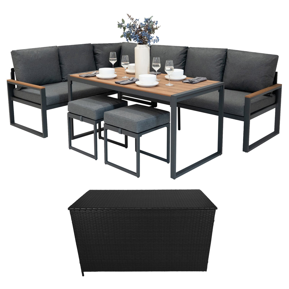 Aluminium Corner Sofa Set With Black Rattan Storage Box - Wood Effect