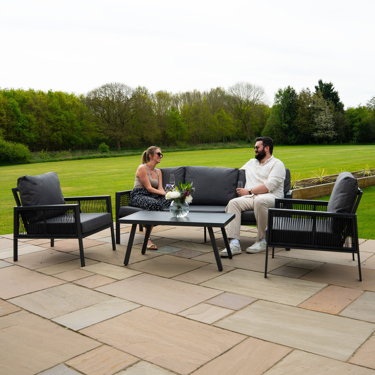Aluminium 4 Piece Sofa Set with Black Rattan Storage Box - Anthracite Grey