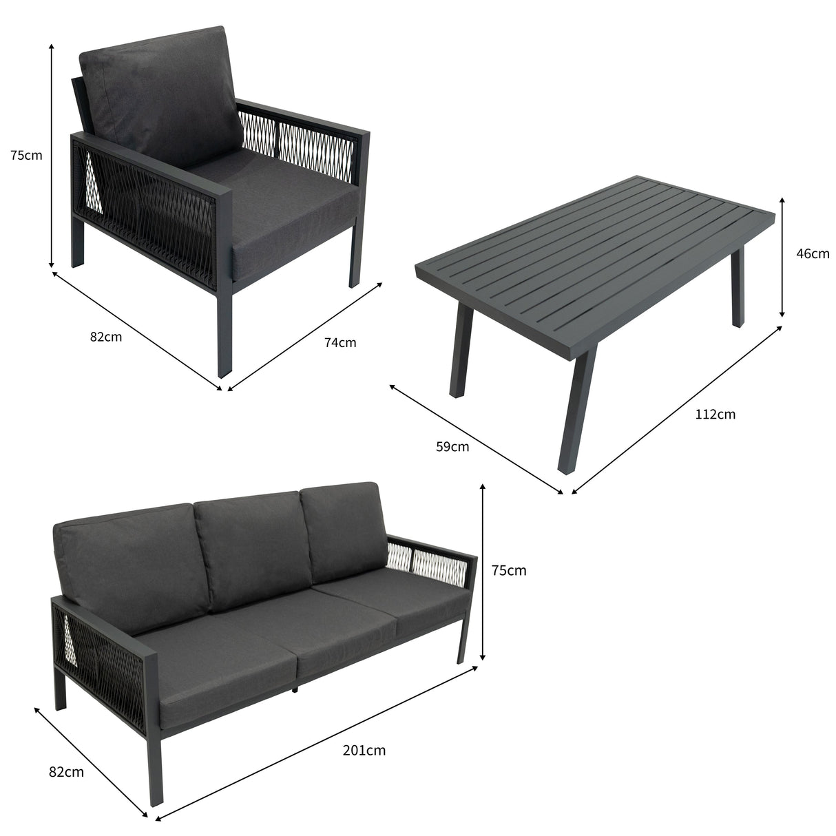 Aluminium 4 Piece Sofa Set with Black Rattan Storage Box - Anthracite Grey