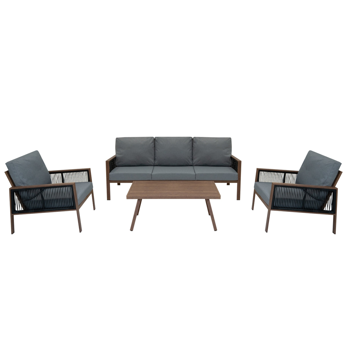 Aluminium 4 Piece Sofa Set with Black Rattan Storage Box - Wood Effect