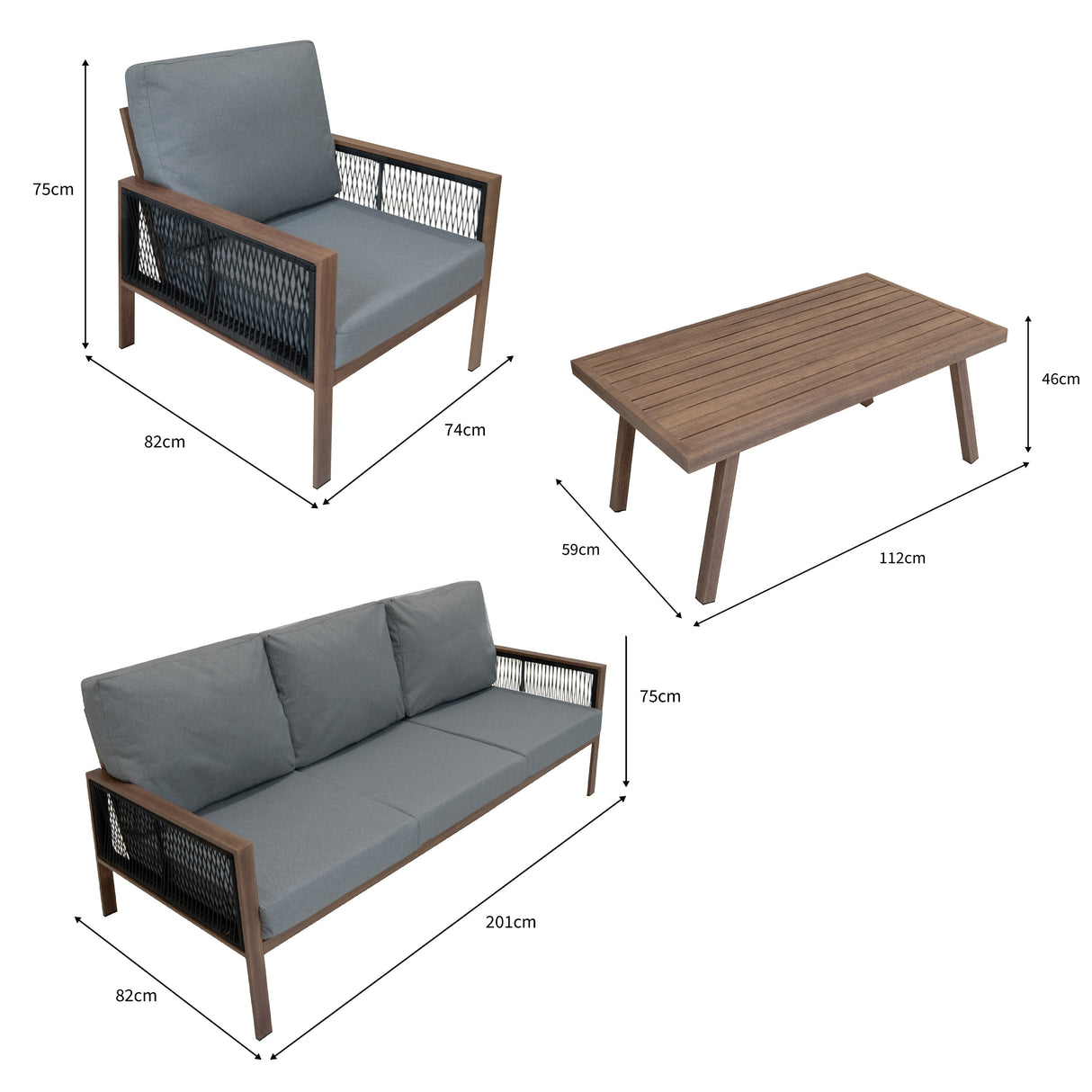 Aluminium 4 Piece Sofa Set with Black Rattan Storage Box - Wood Effect