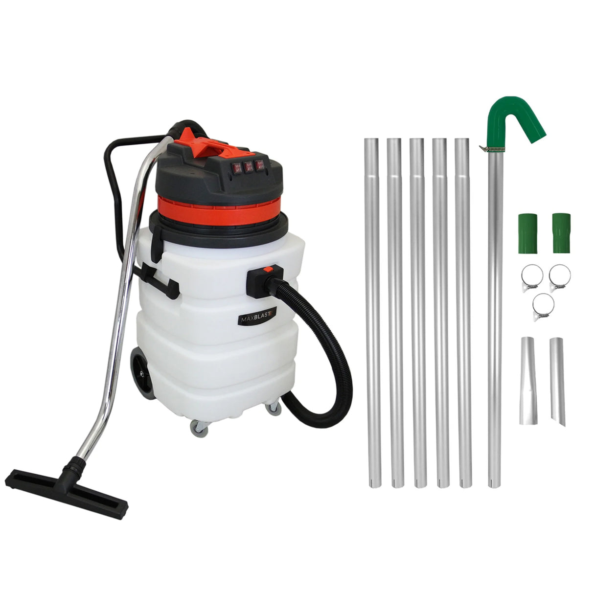 Wet and dry vacuum with a white tank, red and black motor, and multiple aluminum poles for gutter cleaning and debris removal