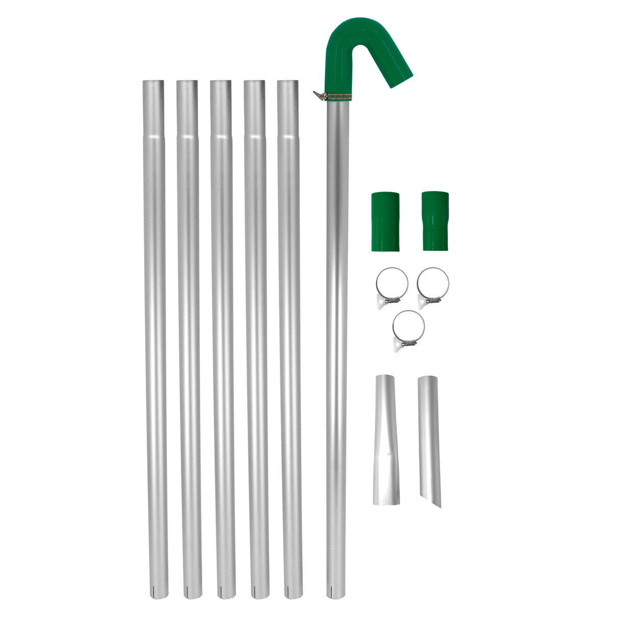 Aluminum gutter vacuum poles with green curved attachment, clamps, and connectors for efficient wet and dry vacuum cleaning