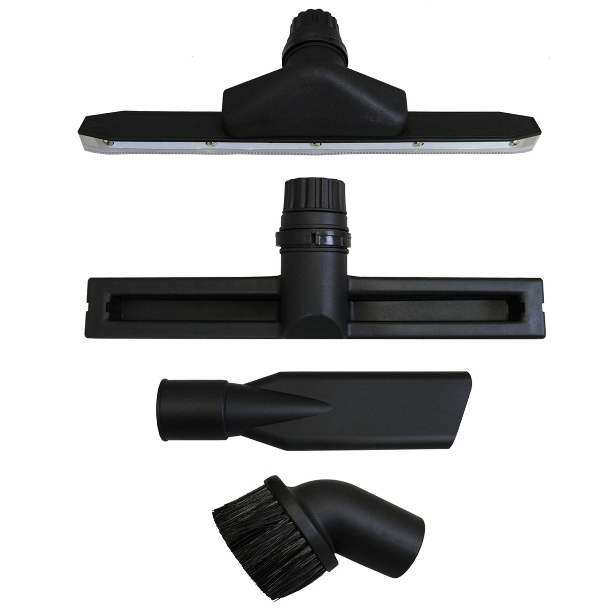 Black gutter vacuum poles and attachments, including a wide squeegee, narrow nozzle, and brush, designed for wet and dry vacuum use