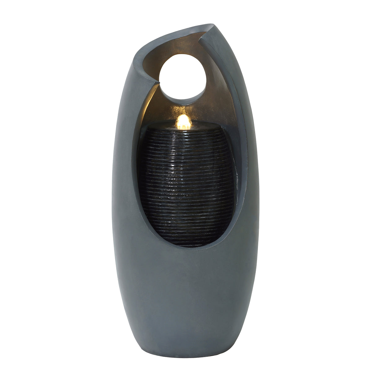 Sleek gray electric water feature with a modern design, featuring a glowing light and textured black stone accents