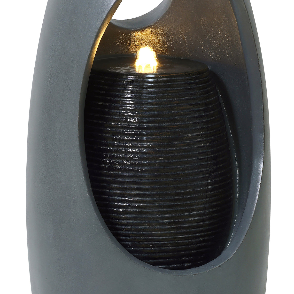 Sleek electric water feature with a dark gray finish, featuring cascading water over textured black stone and a soft glowing light