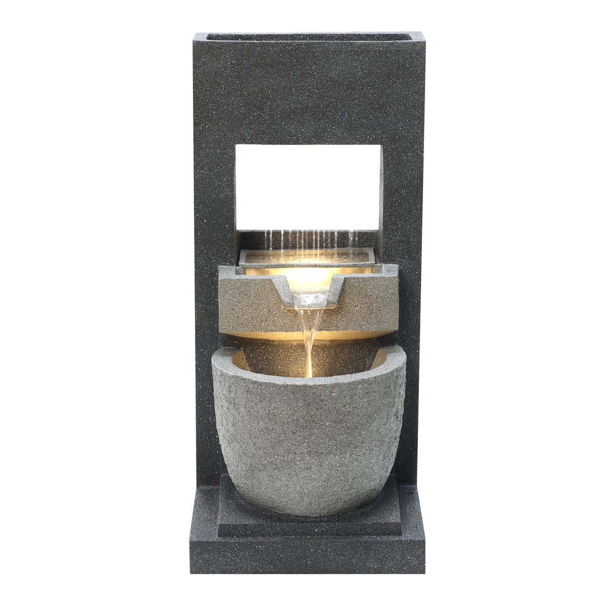 Elegant electric water feature with cascading water, featuring a sleek black stone design and smooth, rounded textures