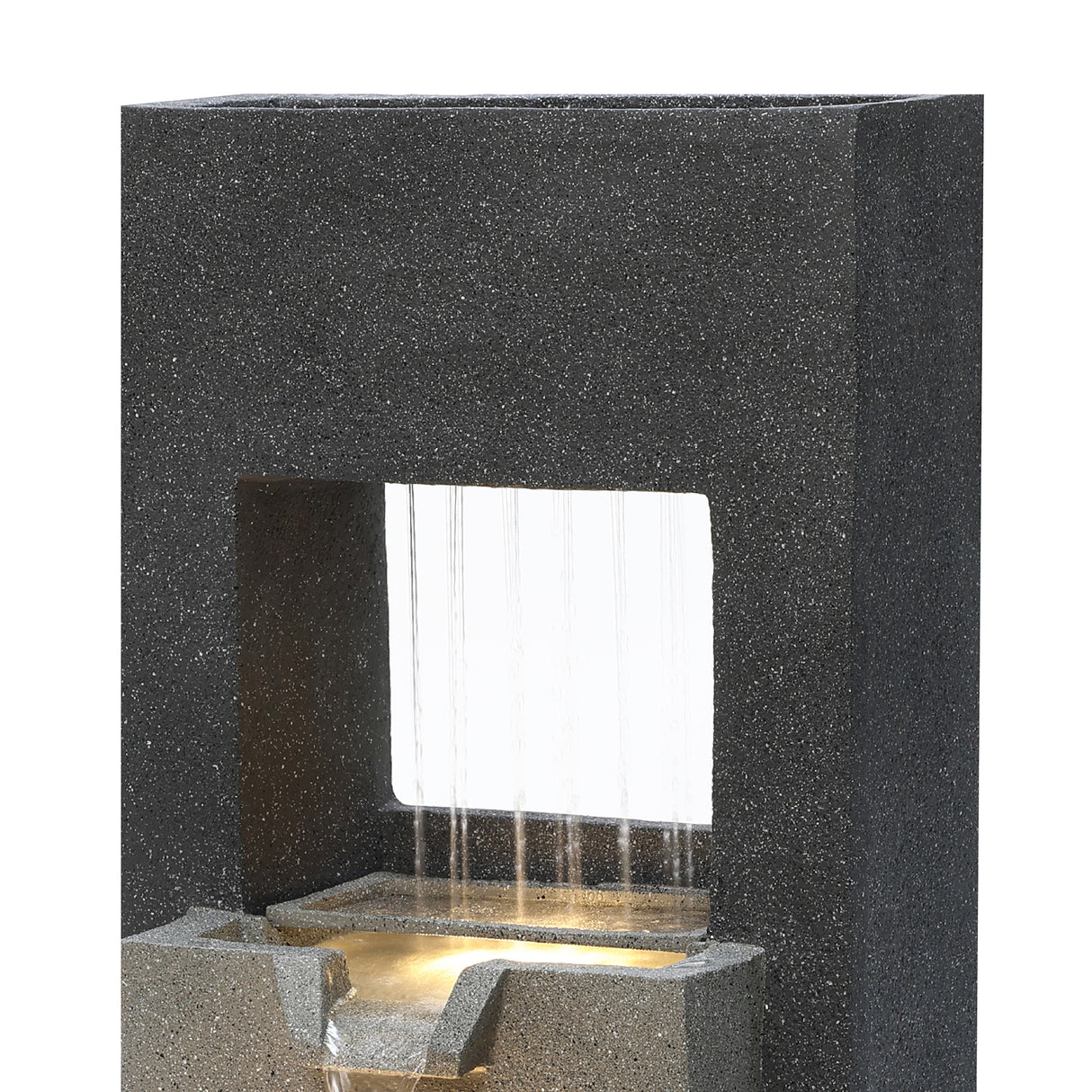 Sleek black stone electric water feature with cascading water, illuminated base, and modern rectangular design for outdoor decor